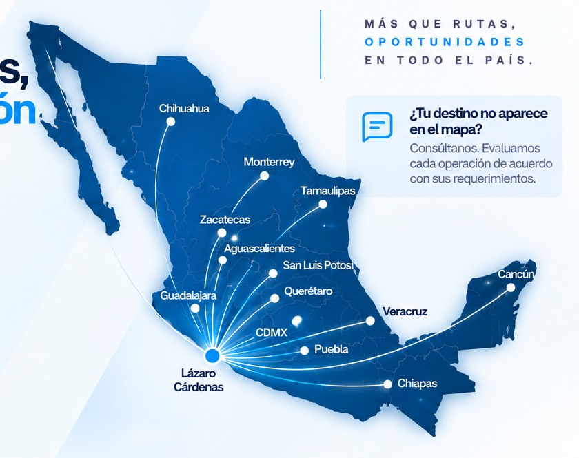 Mapa ilustrativo de rutas desde Lázaro Cárdenas hacia distintos destinos de México